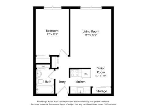 Floor plan for 1 bed, 1 bath, 600 sqft